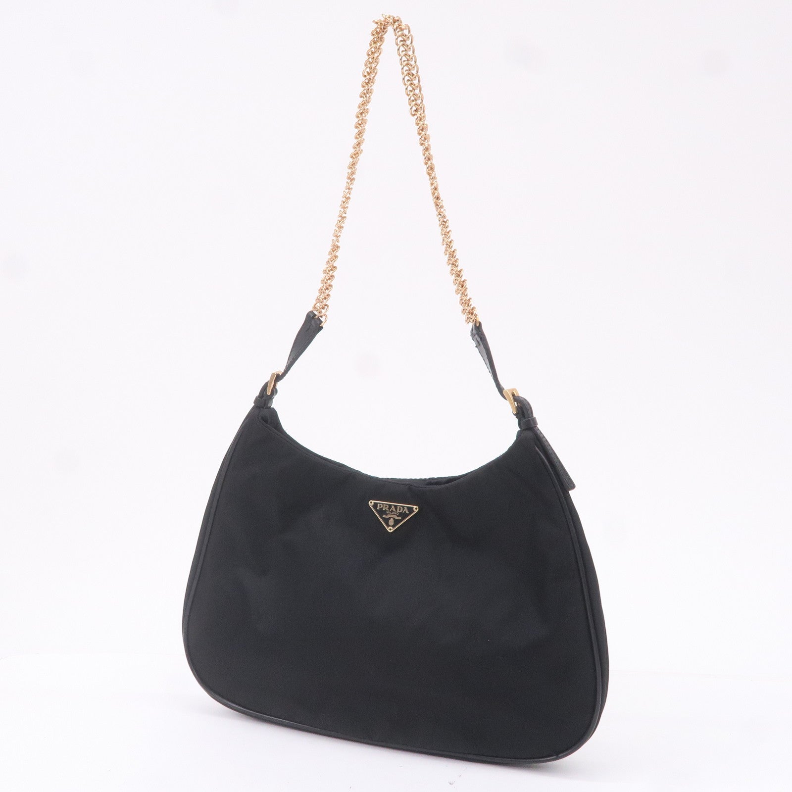 Prada Logo Nylon Leather Chain Shoulder Bag Purse Black