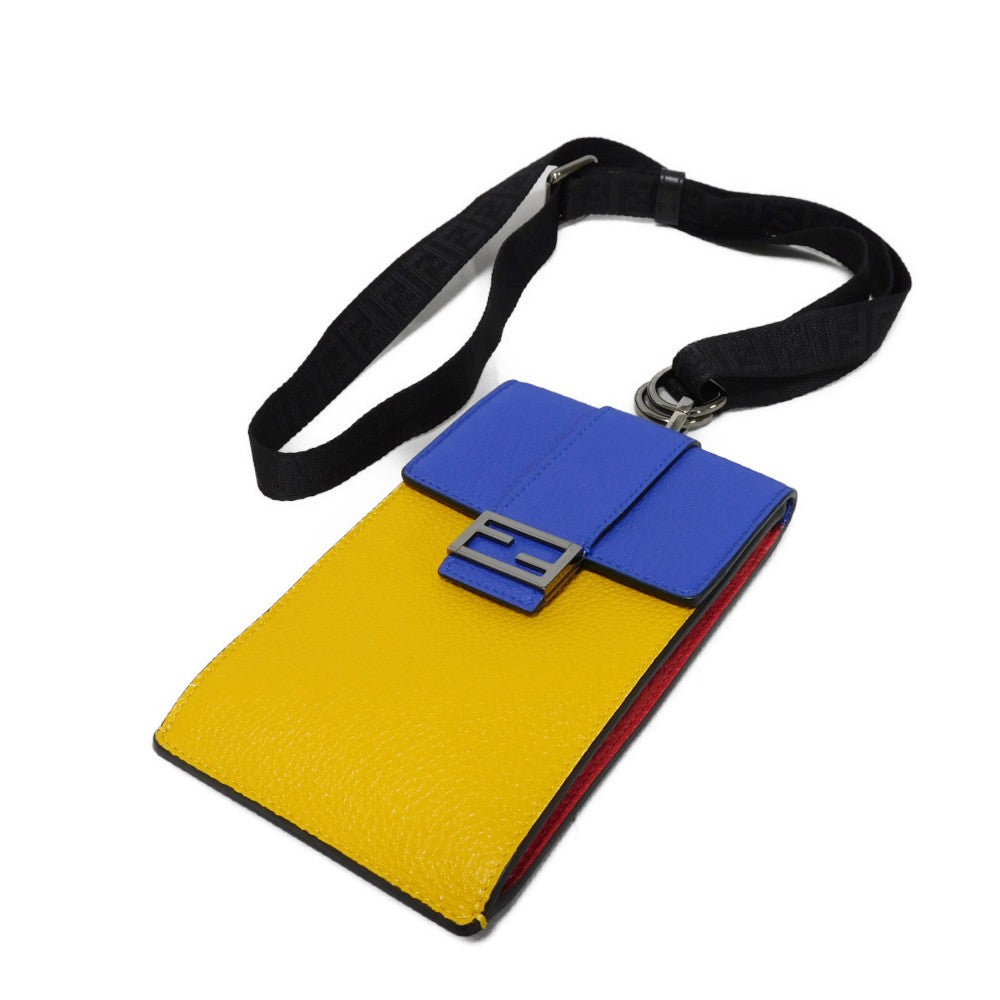 FENDI Shoulder Bag 7AS120 E1C F1H8N Calf leather (embossed) Blue x Yellow x Red Tricolor Pochette Unused FF logo F is forever phone holder unisex(Unisex)