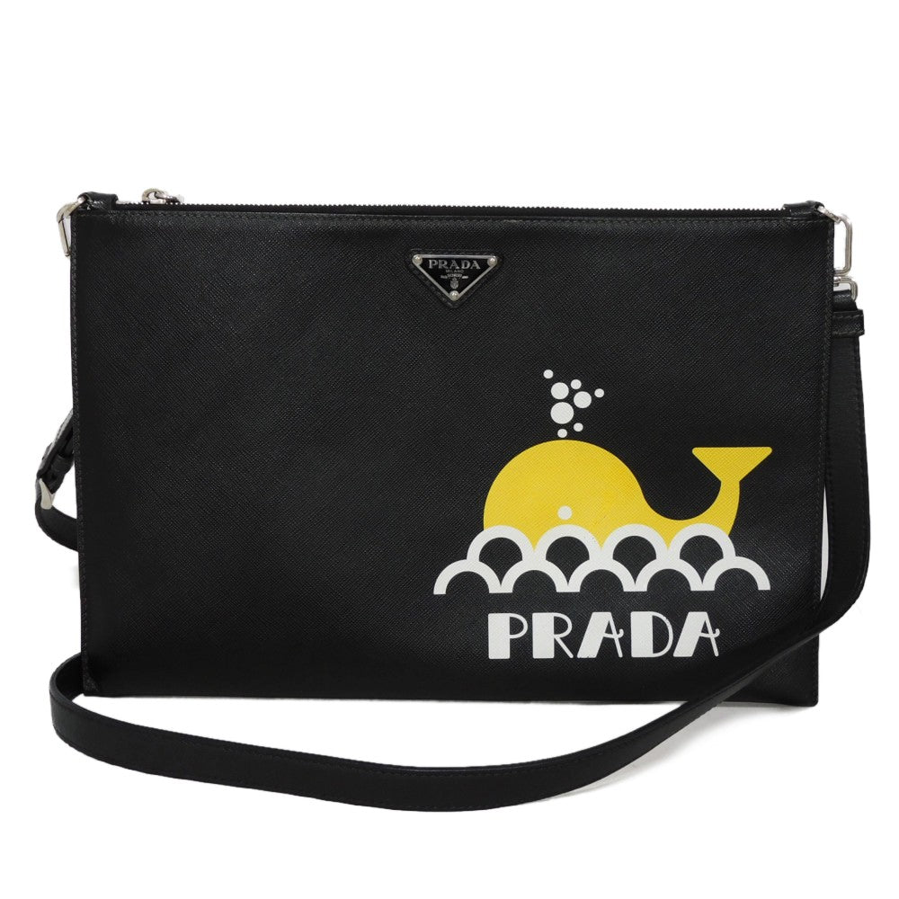 PRADA Shoulder Bag Safiano leather (stamped) black Saffiano Triangle logo logo whale print clutch bag unisex(Unisex)