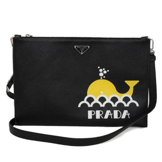 PRADA Shoulder Bag Safiano leather (stamped) black Saffiano Triangle logo logo whale print clutch bag unisex(Unisex)