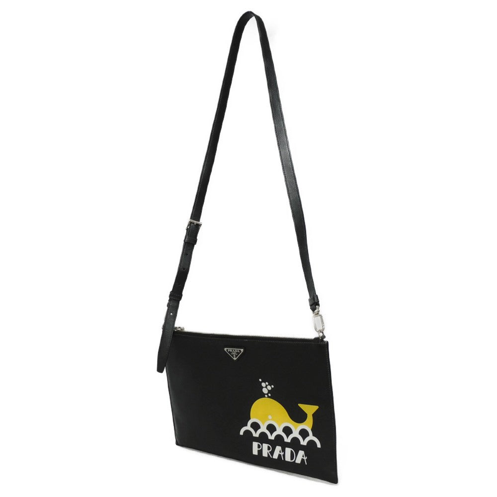 PRADA Shoulder Bag Safiano leather (stamped) black Saffiano Triangle logo logo whale print clutch bag unisex(Unisex)