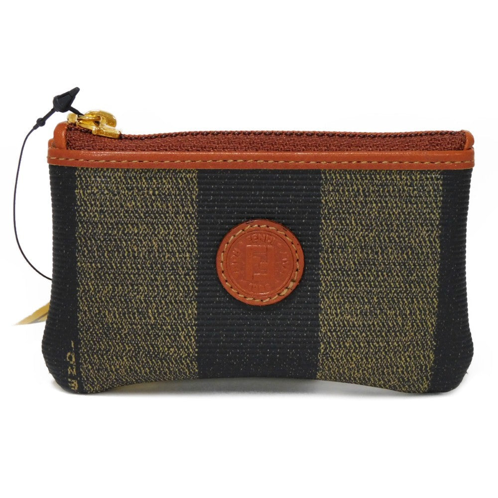 FENDI Coin case fabric Kaiqi Striped Brown Keyring Vintage FF logo Old Pecan Coin Purse unisex(Unisex)