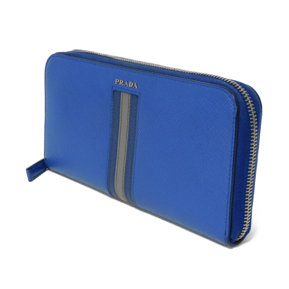 PRADA Long Wallet Purse 2ML317 Safiano leather (stamped) blue Gray Zip Around logo metal Saffiano striped round zip wallet unisex(Unisex)