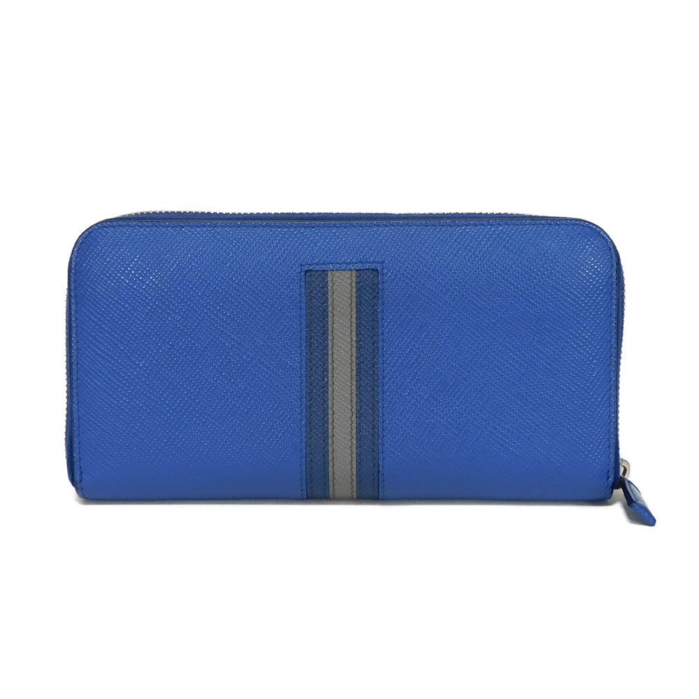 PRADA Long Wallet Purse 2ML317 Safiano leather (stamped) blue Gray Zip Around logo metal Saffiano striped round zip wallet unisex(Unisex)