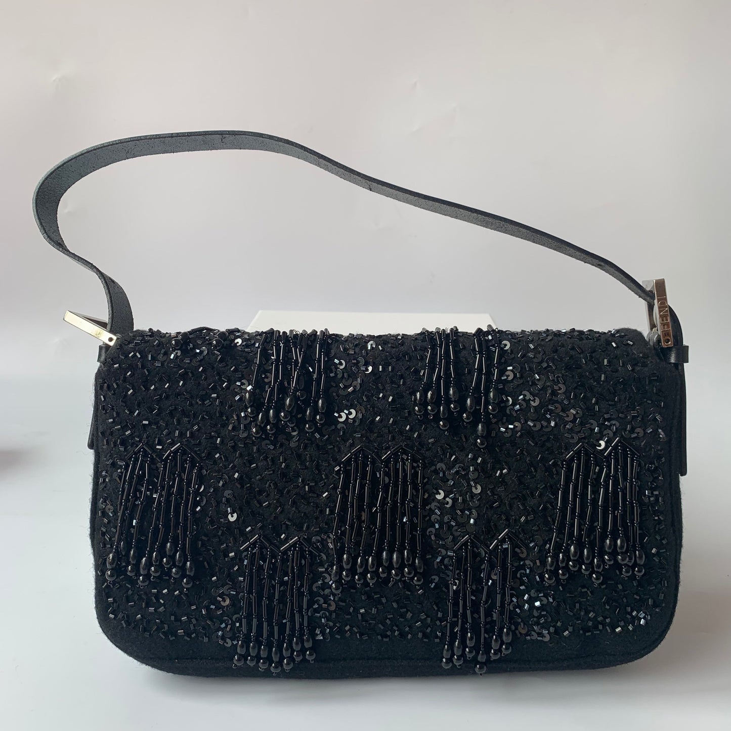 Fendi Baguette Black Beaded Tussle On Black Shoulder Bag