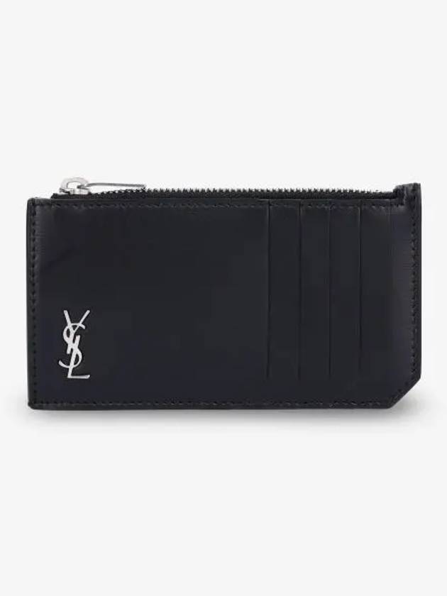Luxury Saint Laurent Trending 2026 Tiny Cassandre Fragments Silver Hardware Leather Zipper Card Wallet Black