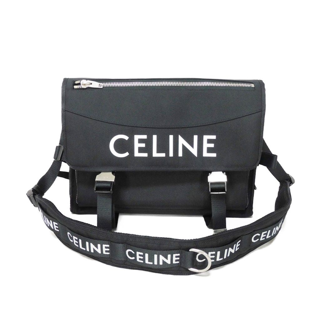 CELINE Shoulder Bag . Nylon Black x white logo print Large Messenger mens