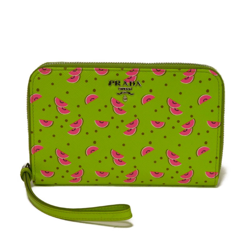 PRADA Long Wallet Purse Safiano leather (stamped) Green / pink logo metal Saffiano Watermelon Smartphone Pouch