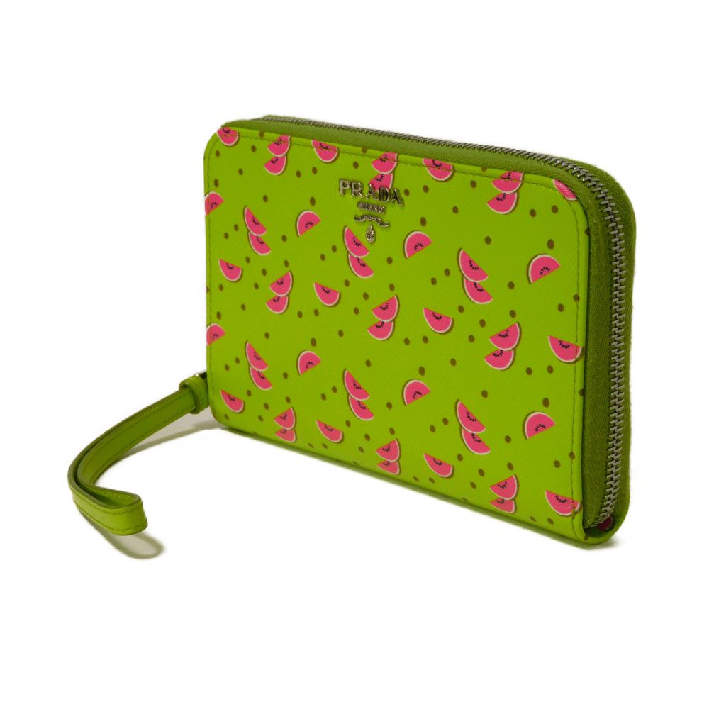 PRADA Long Wallet Purse Safiano leather (stamped) Green / pink logo metal Saffiano Watermelon Smartphone Pouch