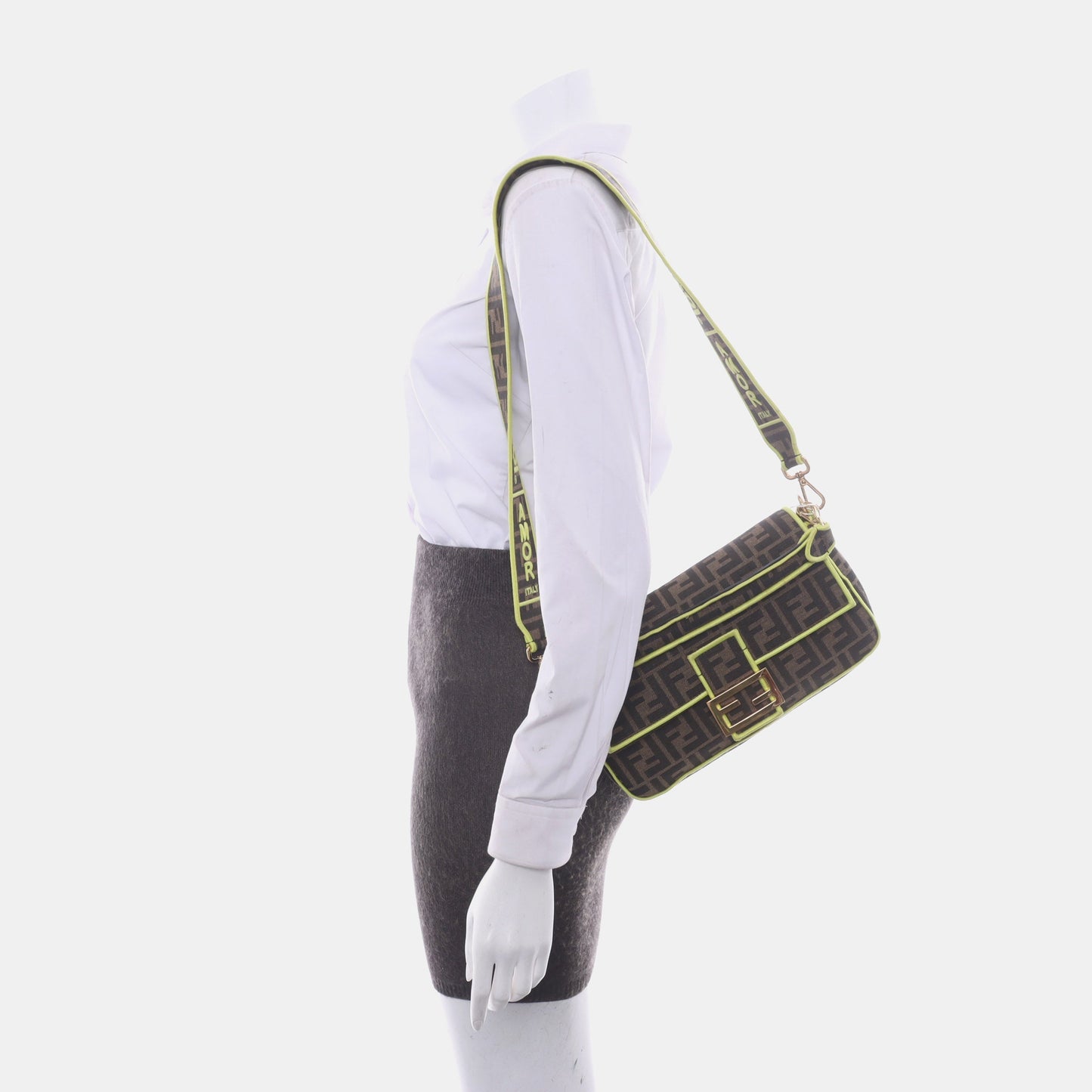 FENDI Baguette Zucca Monogram Canvas with Lime Neon Trimming Medium