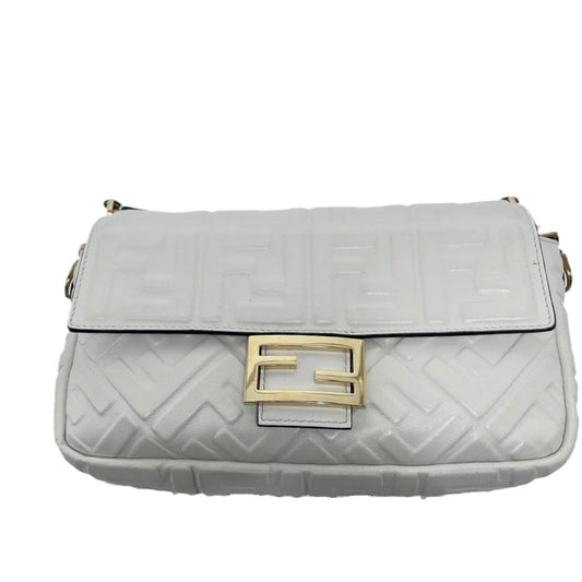 FENDI Baguette White Leather 3D FF Motif Crossbody
