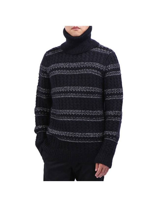 Luxury Saint Laurent Trending 2026 Men's Striped Cable Wool Turtleneck Black
