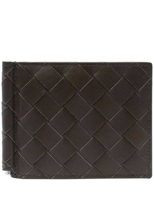 Luxury Bottega Veneta Intrecciato Money Clip Half Wallet Dark Brown