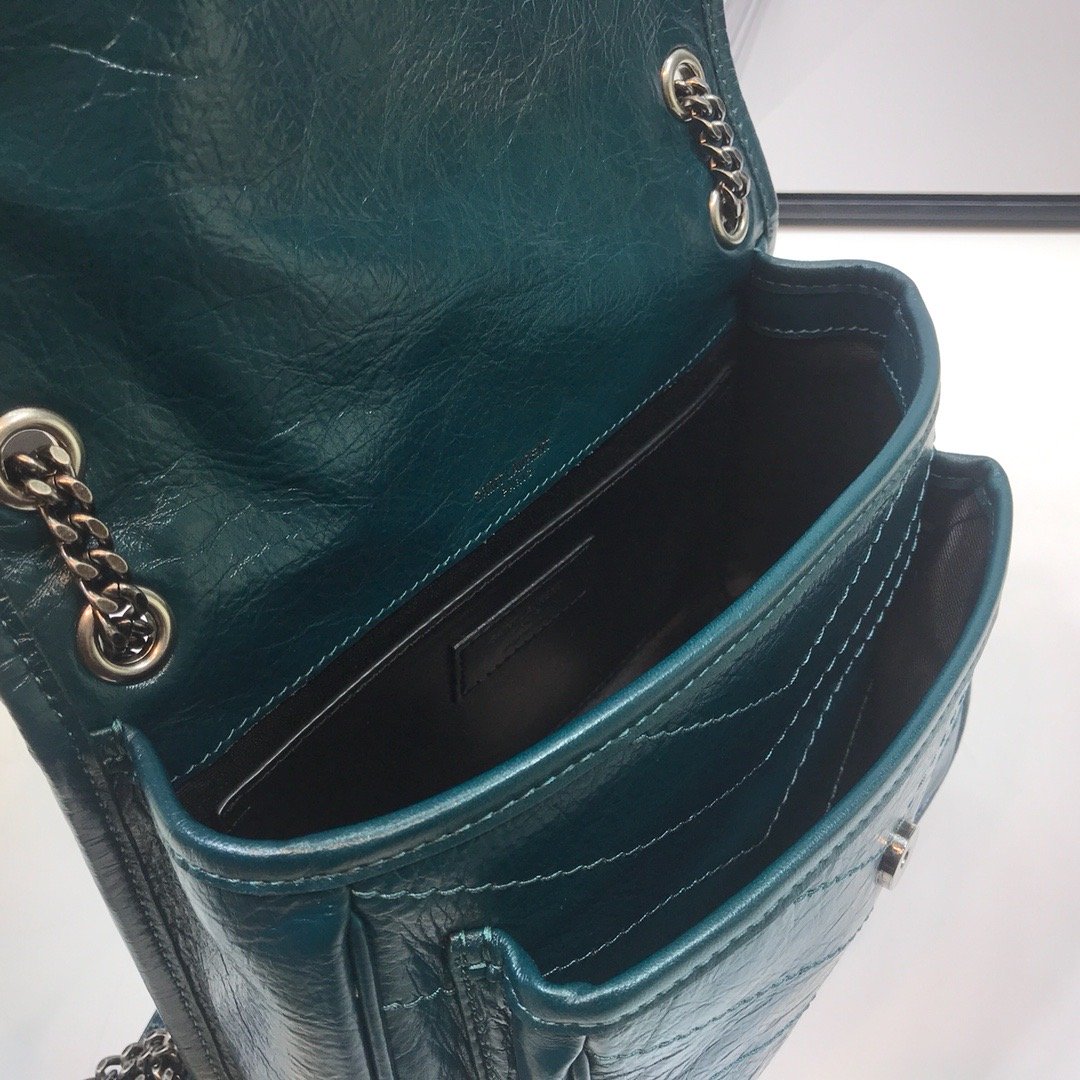Yves Saint Laurent Niki Baby Chain Bag In Crinkled Dark Green