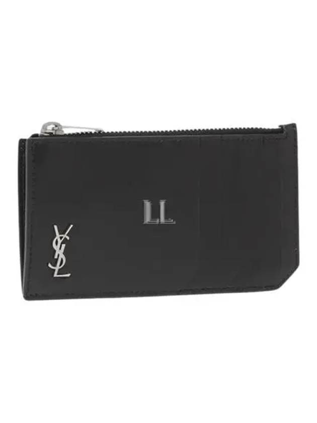Luxury Saint Laurent Trending 2026 Tiny Cassandre Fragments Silver Hardware Leather Zipper Card Wallet Black