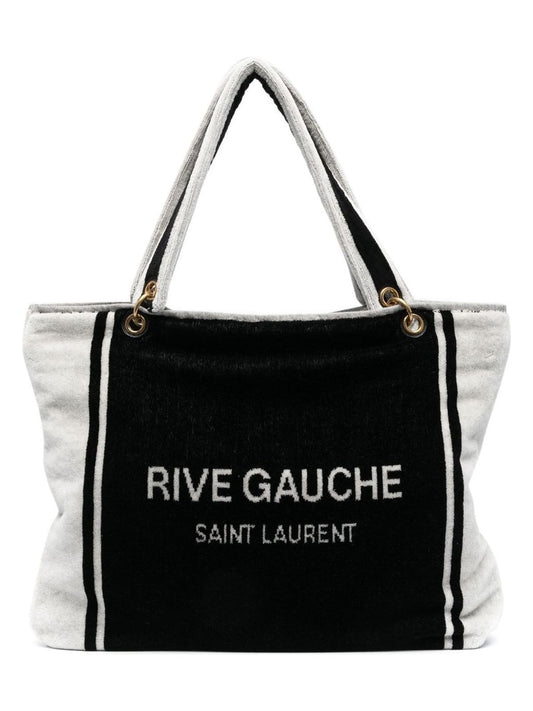 Luxury Saint Laurent Trending 2025 Women's Rive Gauche Tote In And White Terry Cloth in Black |