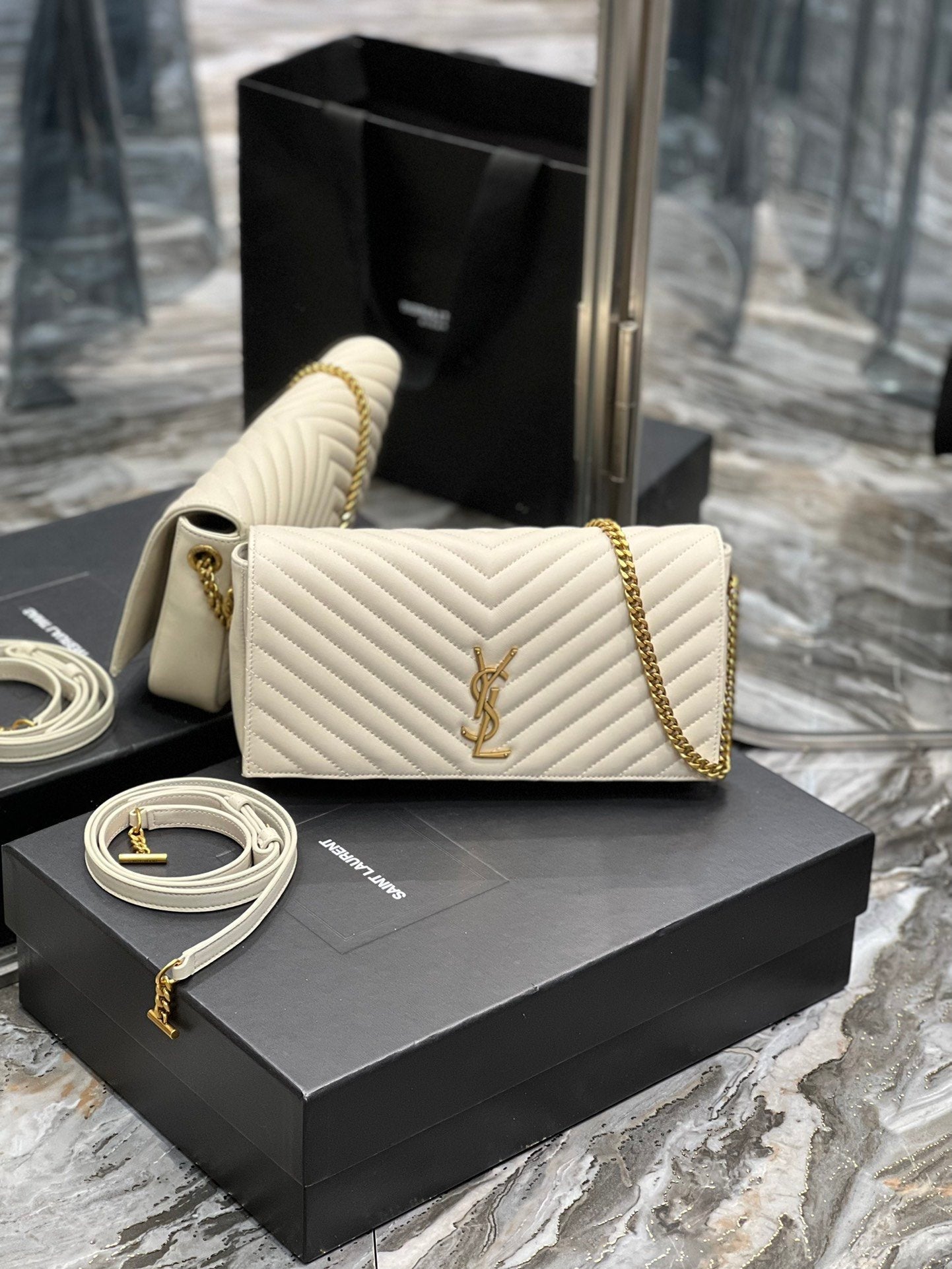 Yves Saint Laurent Kata Chain Bag White With Gold Hardware.2in/
