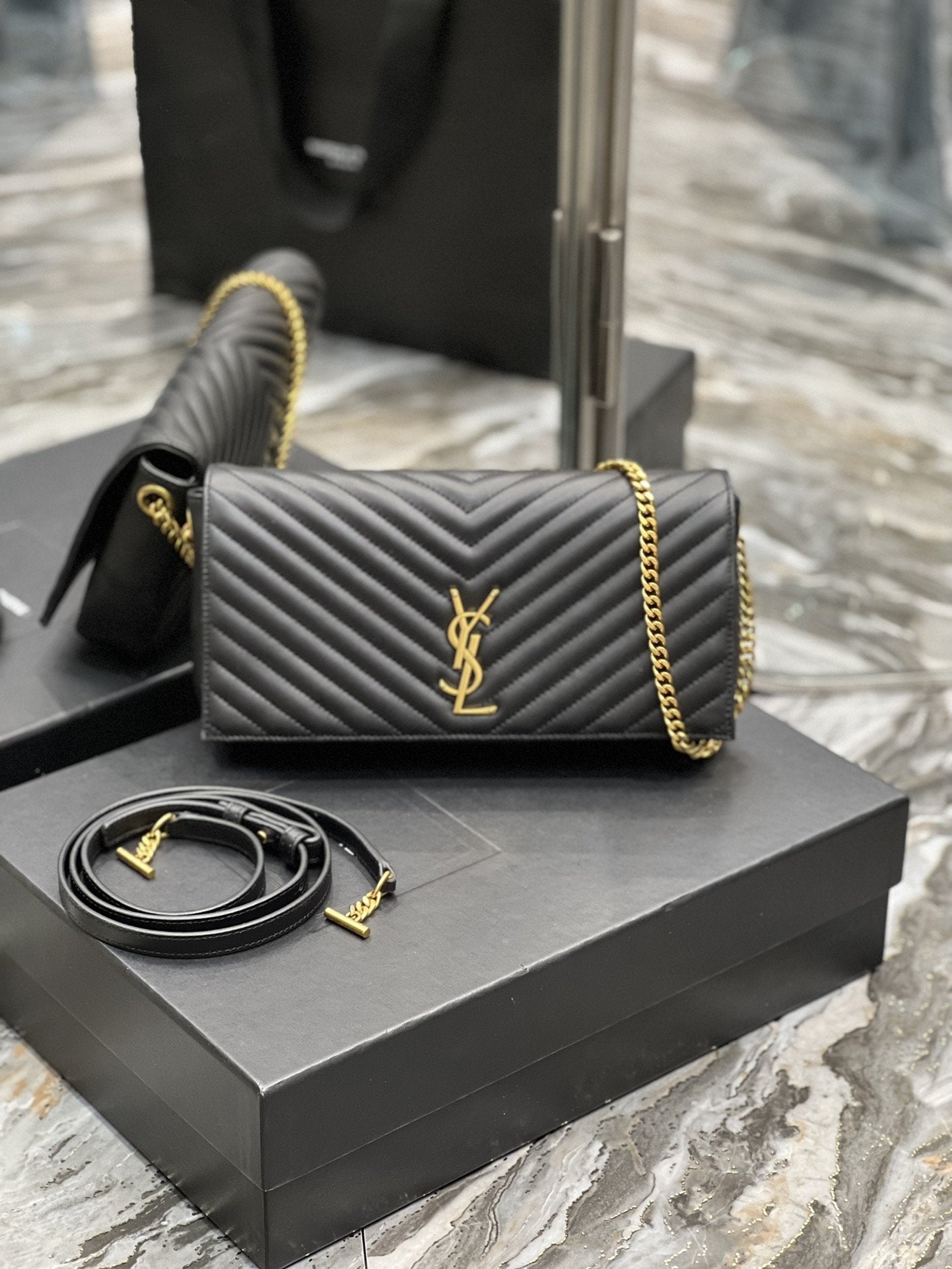 Yves Saint Laurent Kata Chain Bag Black With Gold Hardware.2in/