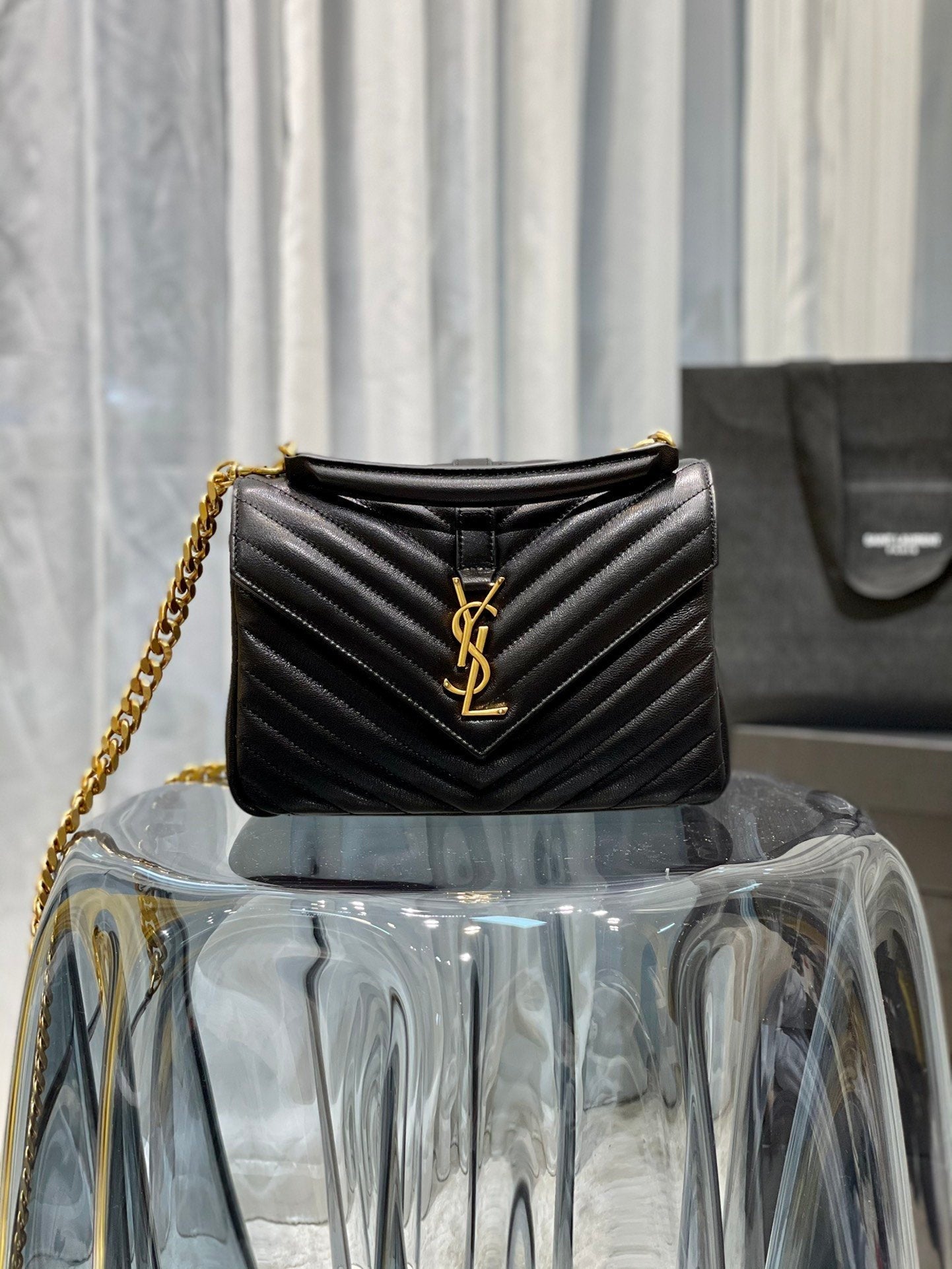 Yves Saint Laurent College Medium Chain Bag Black Gold Toned Hardware.4in/