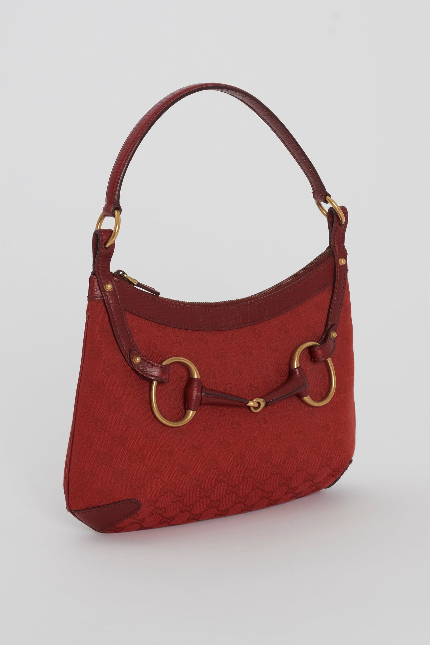 Gucci Red Leather Canvas Shoulder Bag