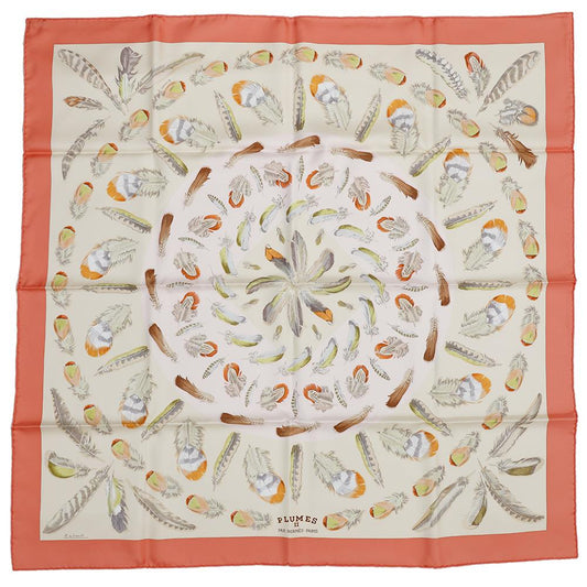 HERMES Carre Plumes II Size 90 Coral/Beige/Rose Silk100%