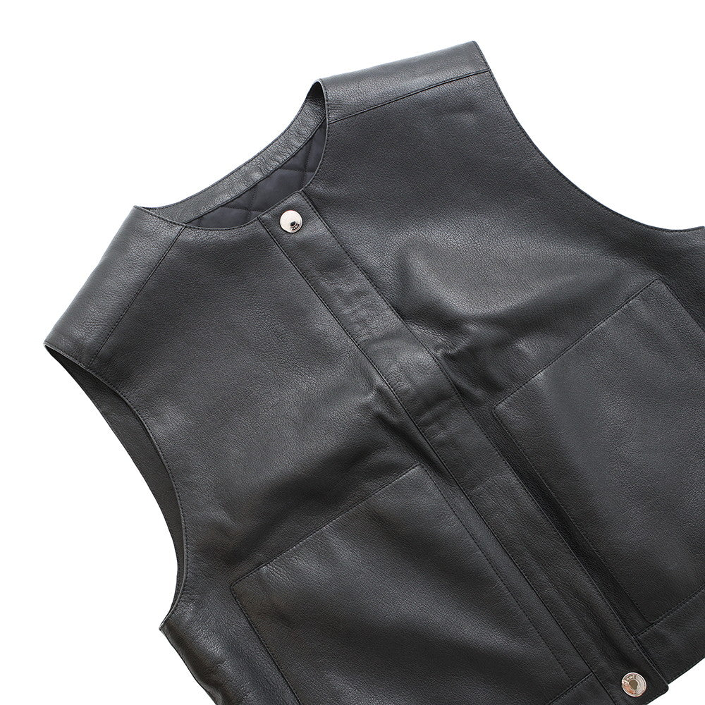 HERMES Serie Button Sleeveless Vest Size 42 Black Goatskin Leather