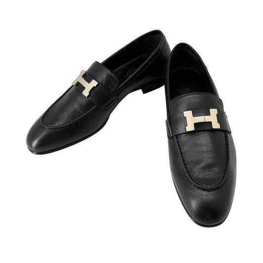 HERMES Mocassins Paris Black Leather Size 37