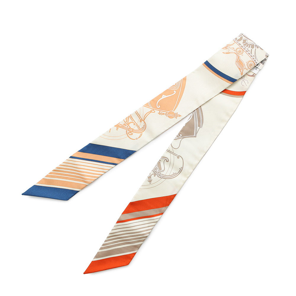 HERMES Twilly Ex-Libris Cream/Orange/BeigeH063791S Silk100%