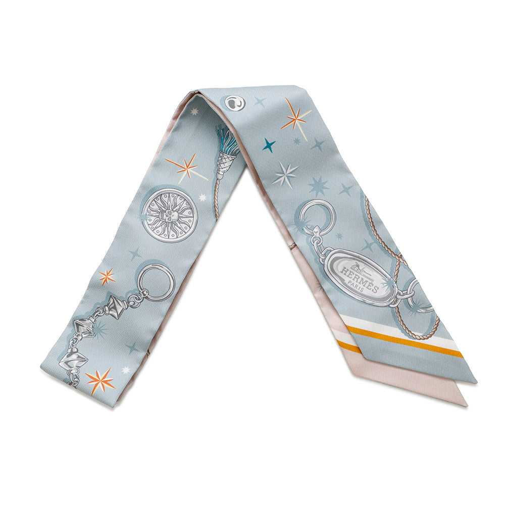 HERMES Twilly C'est la Fête Blue Gacier/Rose Poudre/Gray Silk100%