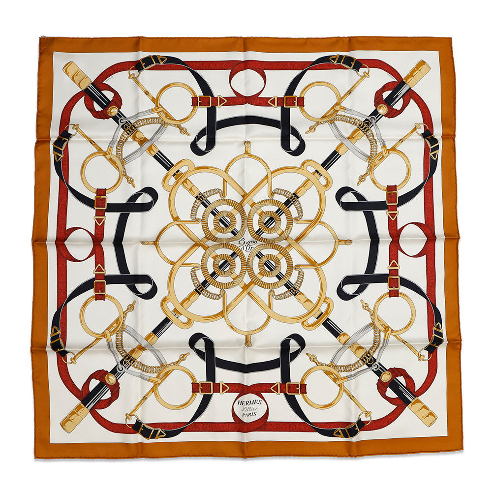 HERMES Carre EPERON D'OR Apron D'or Size 90 Caramel/Creme Silk100%