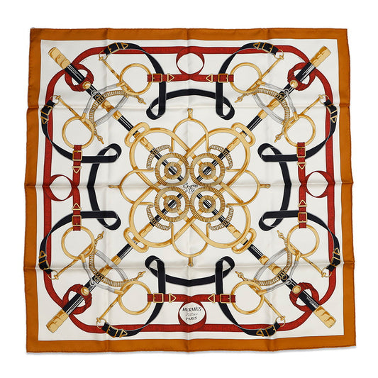 HERMES Carre EPERON D'OR Apron D'or Size 90 Caramel/Creme Silk100%
