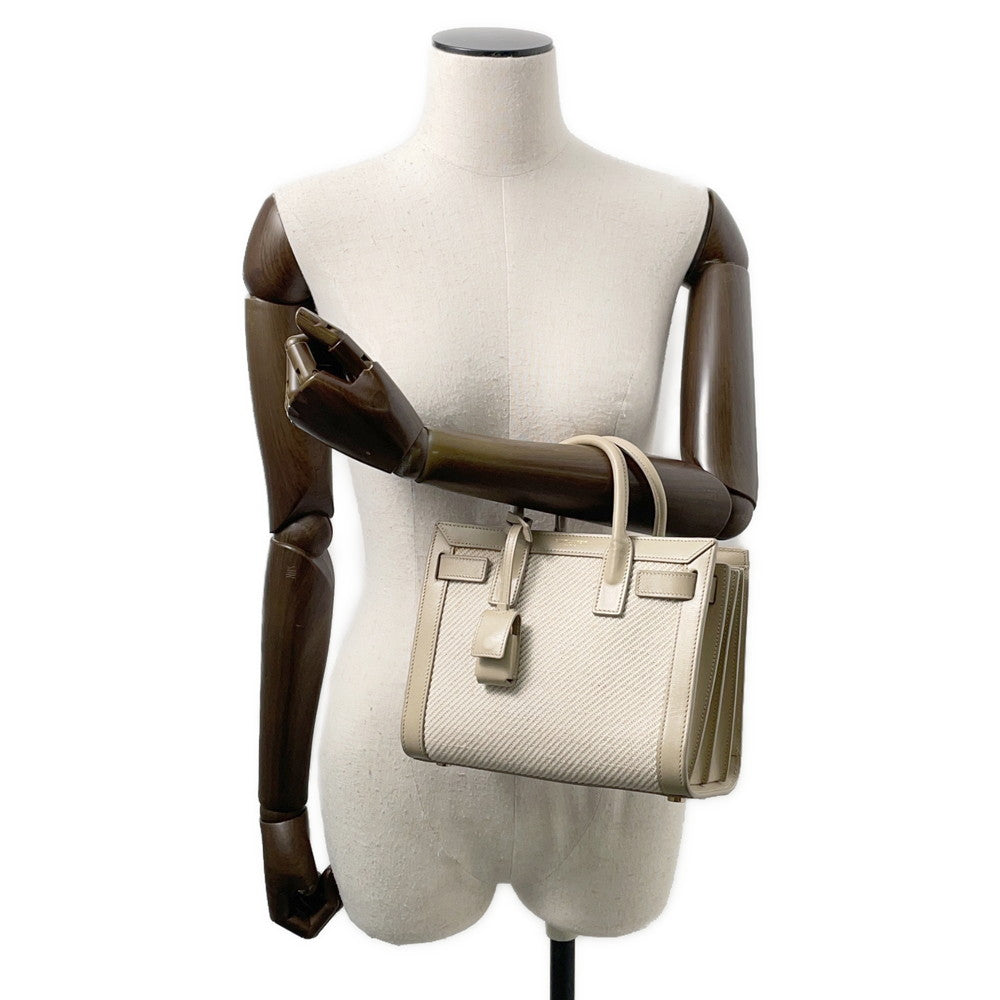SAINT LAURENT PARIS Jour Beige/Ivory400632 Calf Leather Cotton Linen Size Nano
