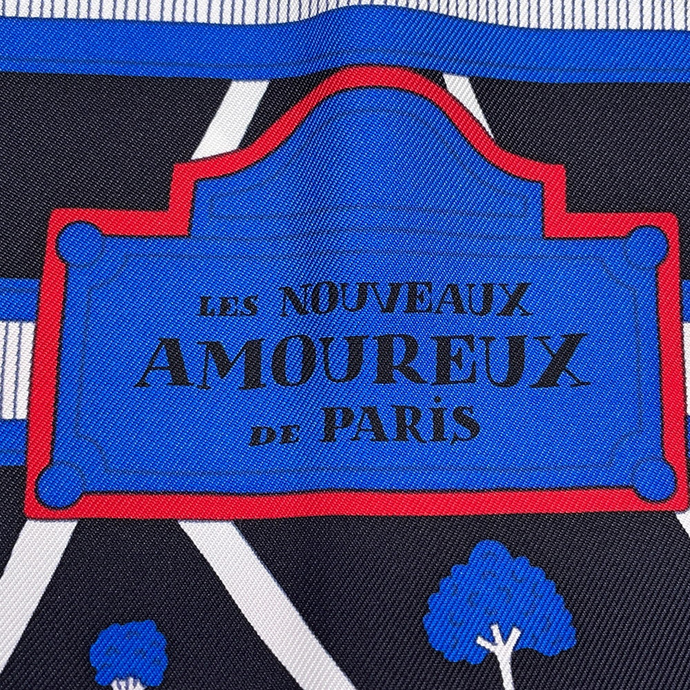 HERMES Carre LES NOUVEAUX AMOUREUX FE PARIS Size 90 Black/Blue/Red Silk100%