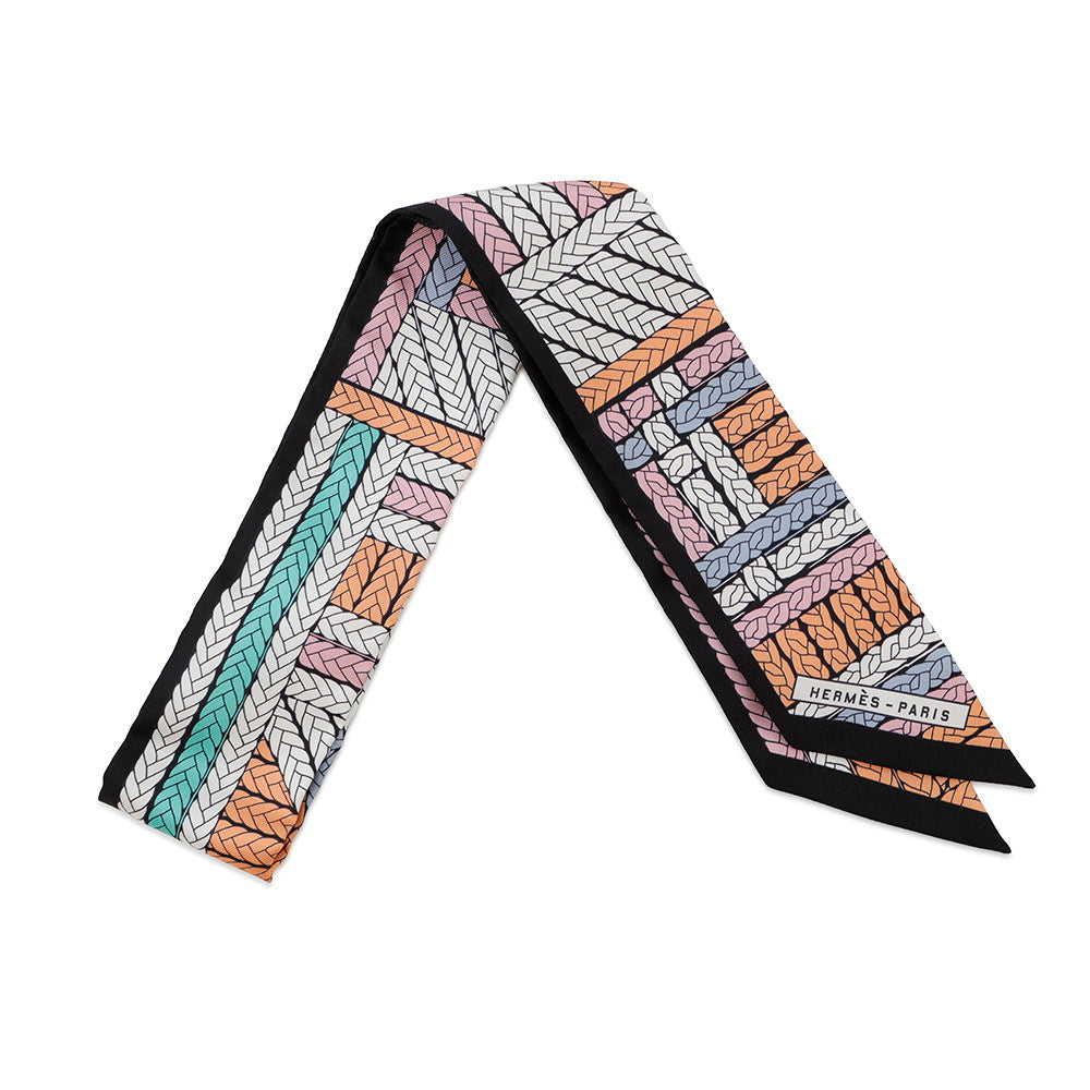 HERMES Twilly TRESSES H Apricot/Black/Rose Silk100%