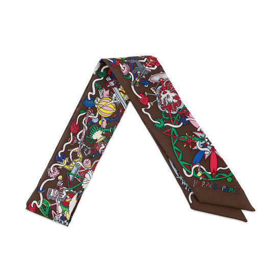 HERMES Twilly La For Parade Marron/Menthe/Jaune Vif Silk100%