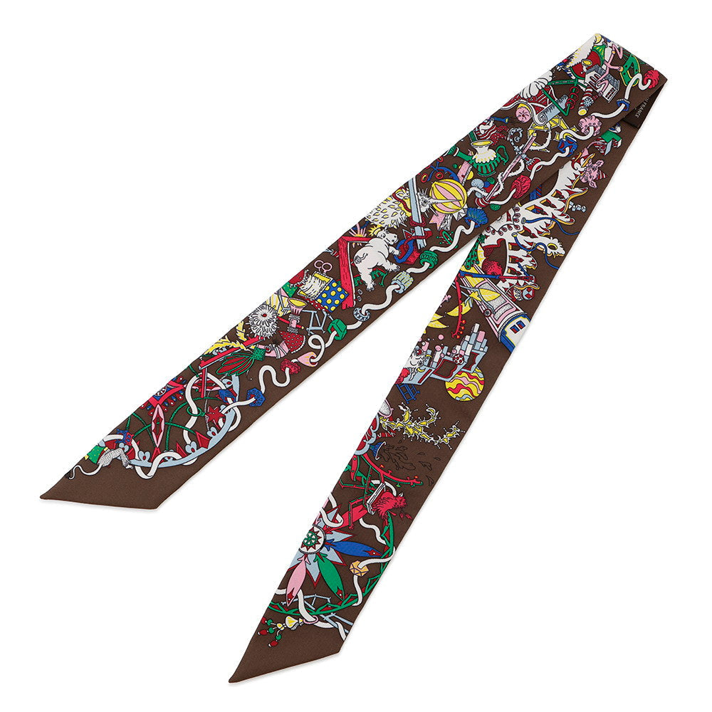 HERMES Twilly La For Parade Marron/Menthe/Jaune Vif Silk100%
