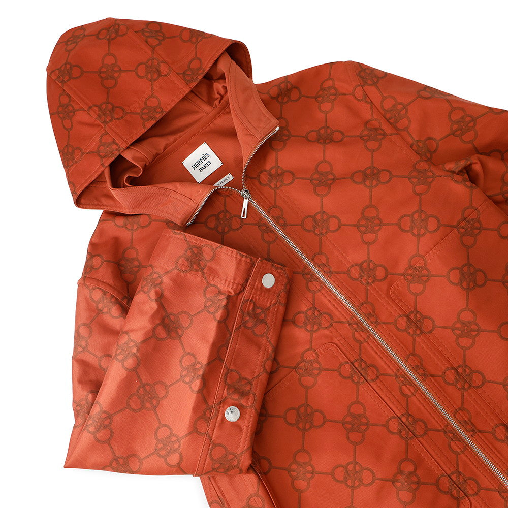 HERMES Printed Serie Button Hooded Blouson Size 34 Brique Cotton78% Polyester22%