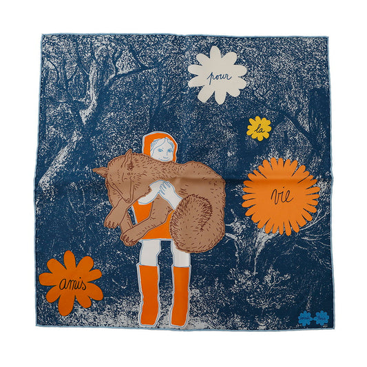 HERMES Carre Gavroche Lifelong Friends AMIS POUR LA VIE Fall/Winter 2022 Size 45 Navy/Orange/Brown Silk100%