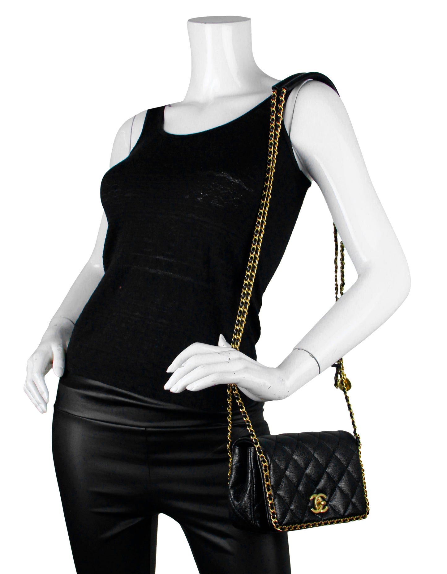 Chanel 2022 Black Caviar Quilted Chain Around Mini Flap Bag