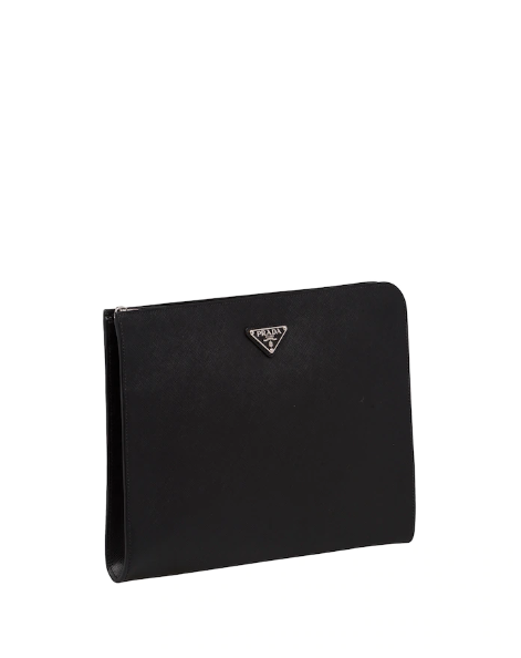 Prada Saffiano Leather Document Holder Triangle Logo Black Luxury Handbag