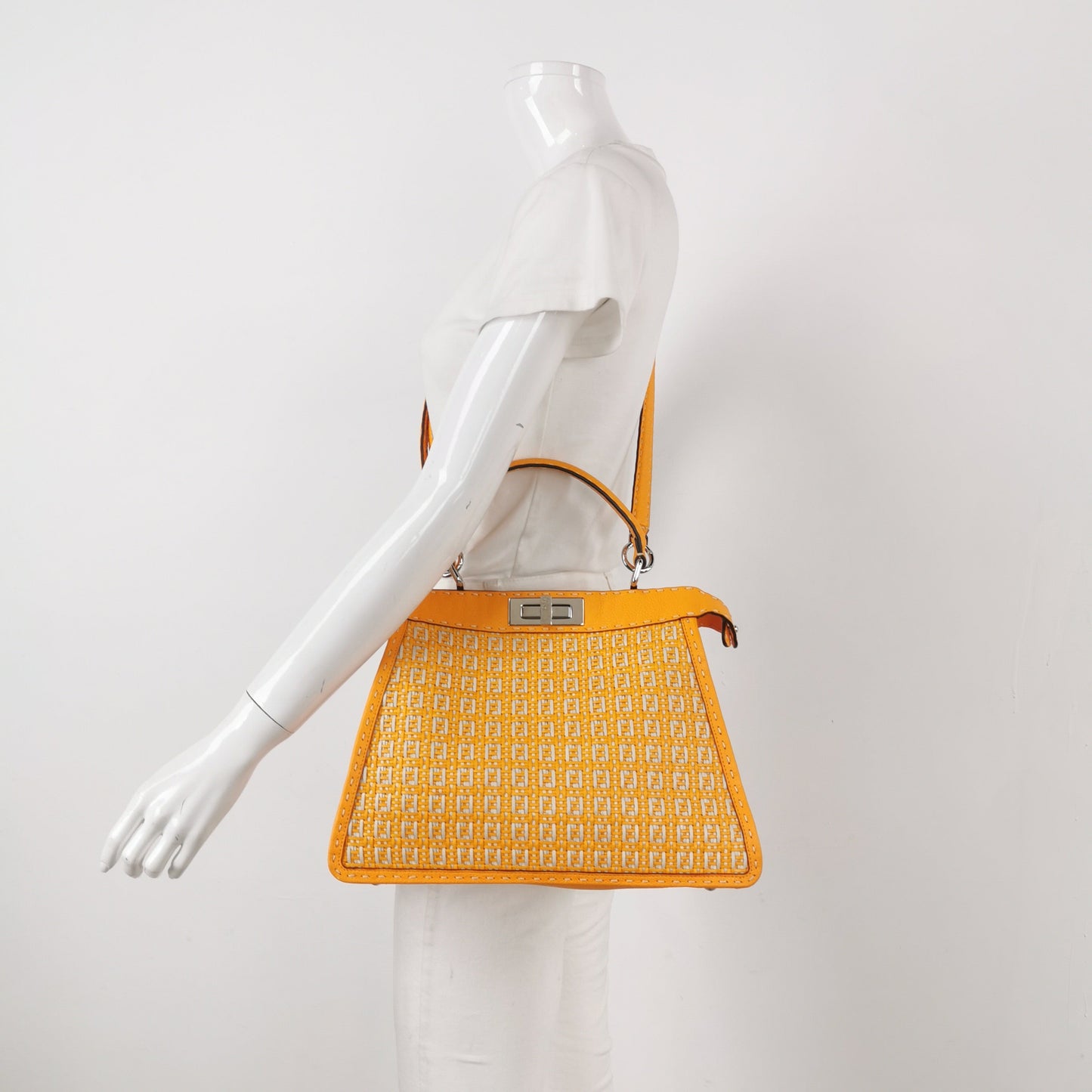 Fendi Peekaboo ISeeU Sellier Orange / White Interlace Leather Medium Top Handle Bag