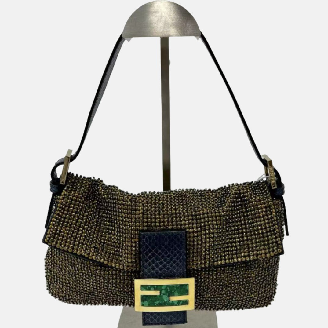 Fendi Baguette Rare Gold Metallic Beaded Snake-skin Trimmed Shoulder Bag