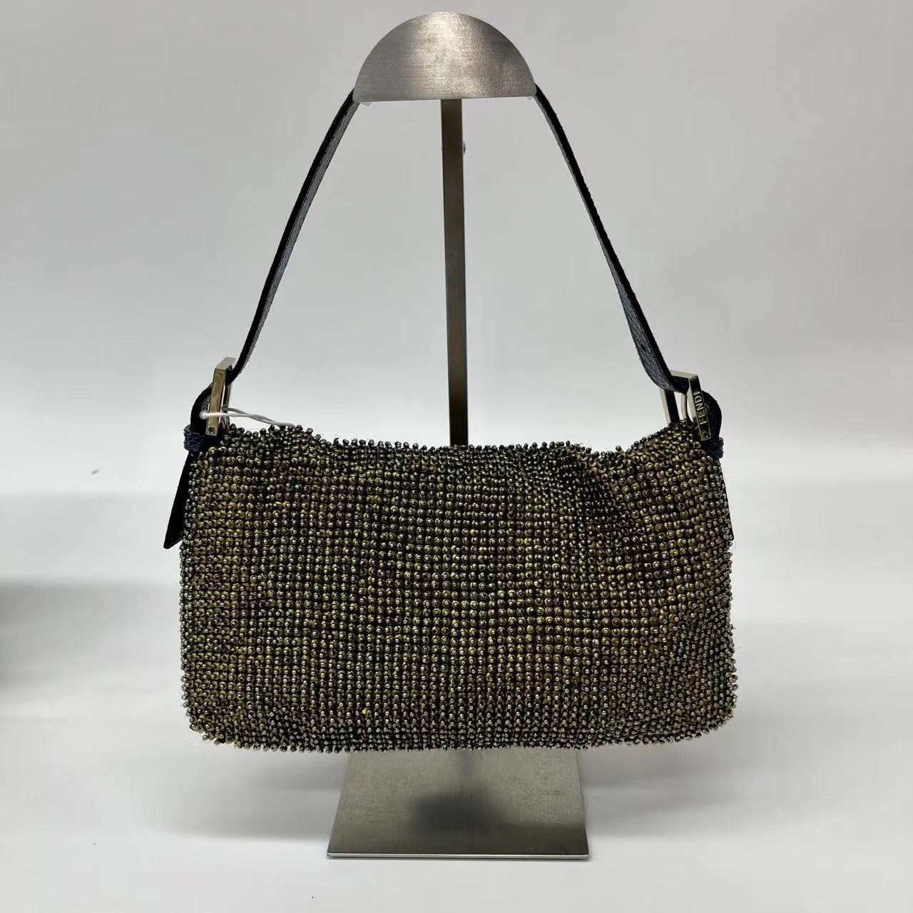 Fendi Baguette Rare   Gold Metallic Beaded Snake-skin Trimmed Shoulder Bag