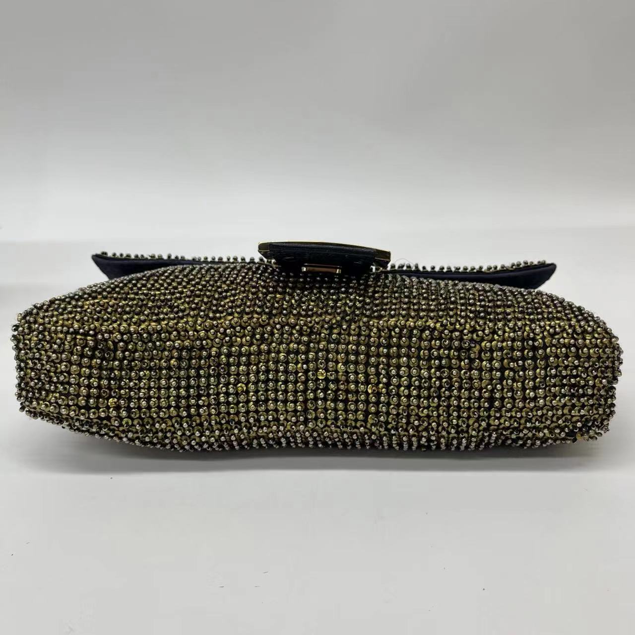 Fendi Baguette Rare   Gold Metallic Beaded Snake-skin Trimmed Shoulder Bag