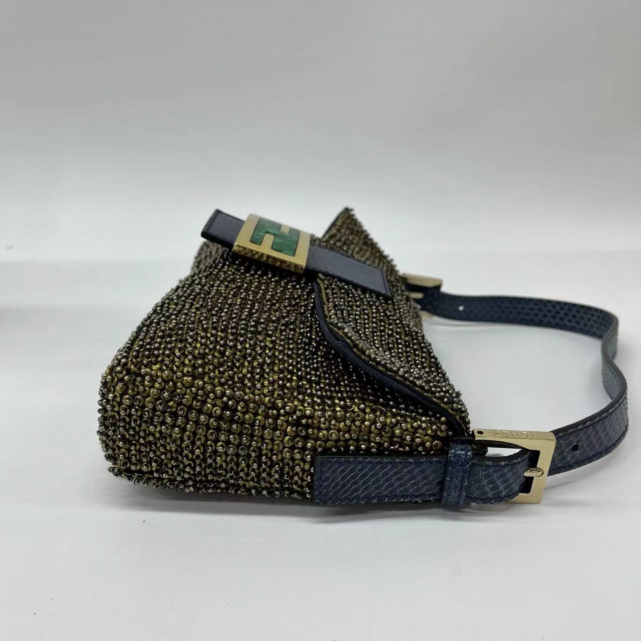 Fendi Baguette Rare   Gold Metallic Beaded Snake-skin Trimmed Shoulder Bag