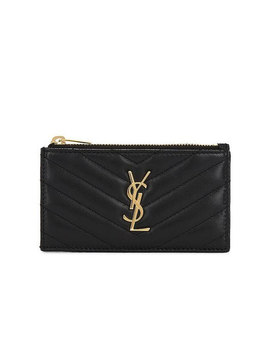 Luxury Saint Laurent Trending 2026 Monogram Logo Plaque Zip-Up Card Wallet Black
