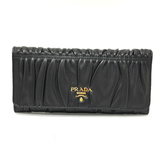 PRADA Long Wallet Purse 1M1132 leather black logo Gathered Women