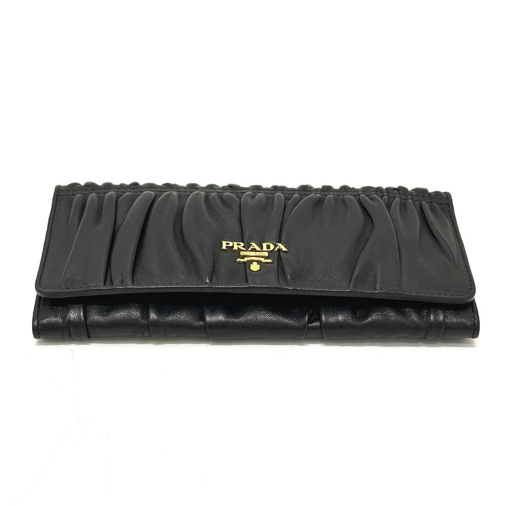 PRADA Long Wallet Purse 1M1132 leather black logo Gathered Women