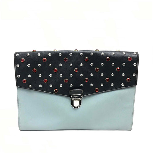 PRADA Clutch bag leather black Safiano Bijou x studs unisex(Unisex)