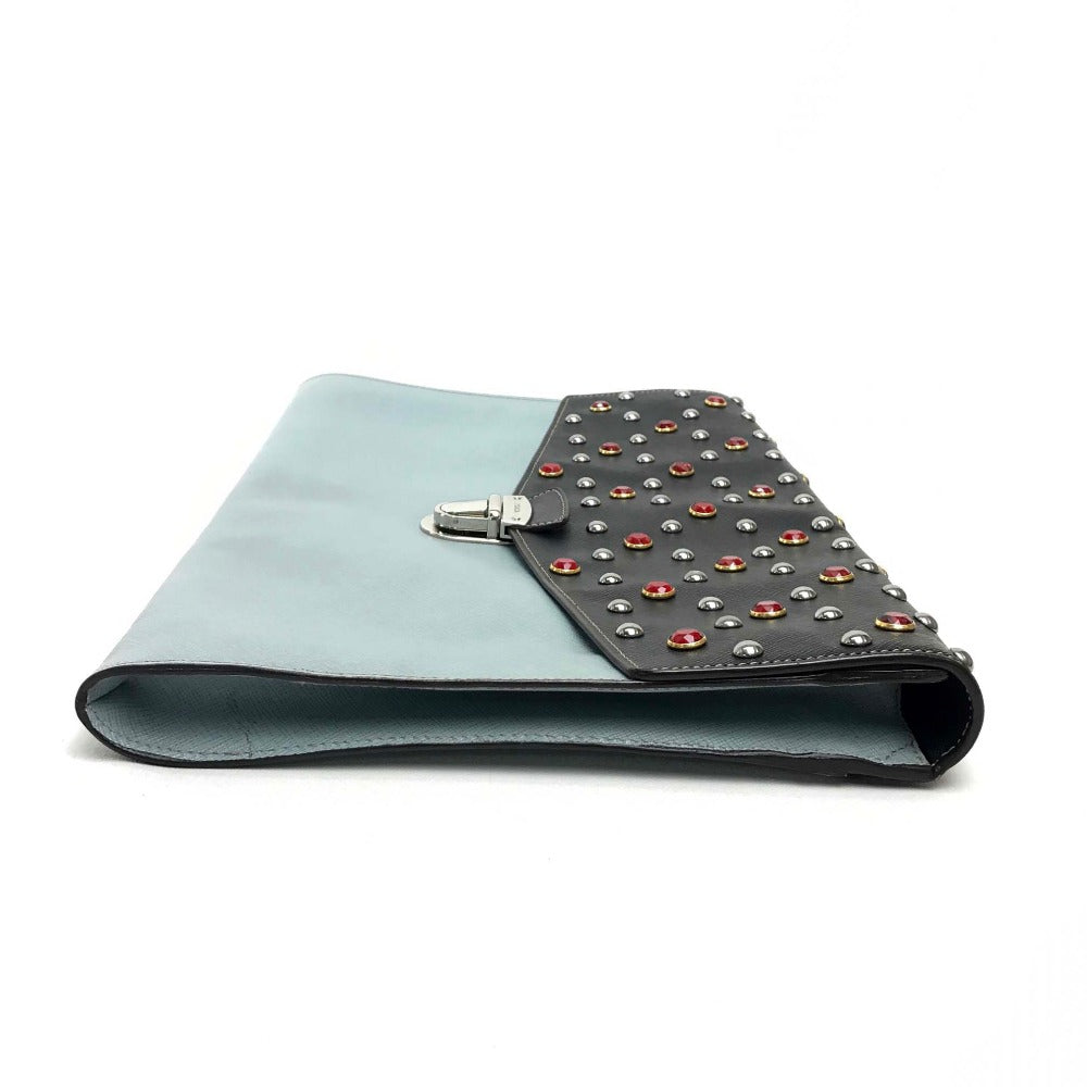 PRADA Clutch bag leather black Safiano Bijou x studs unisex(Unisex)